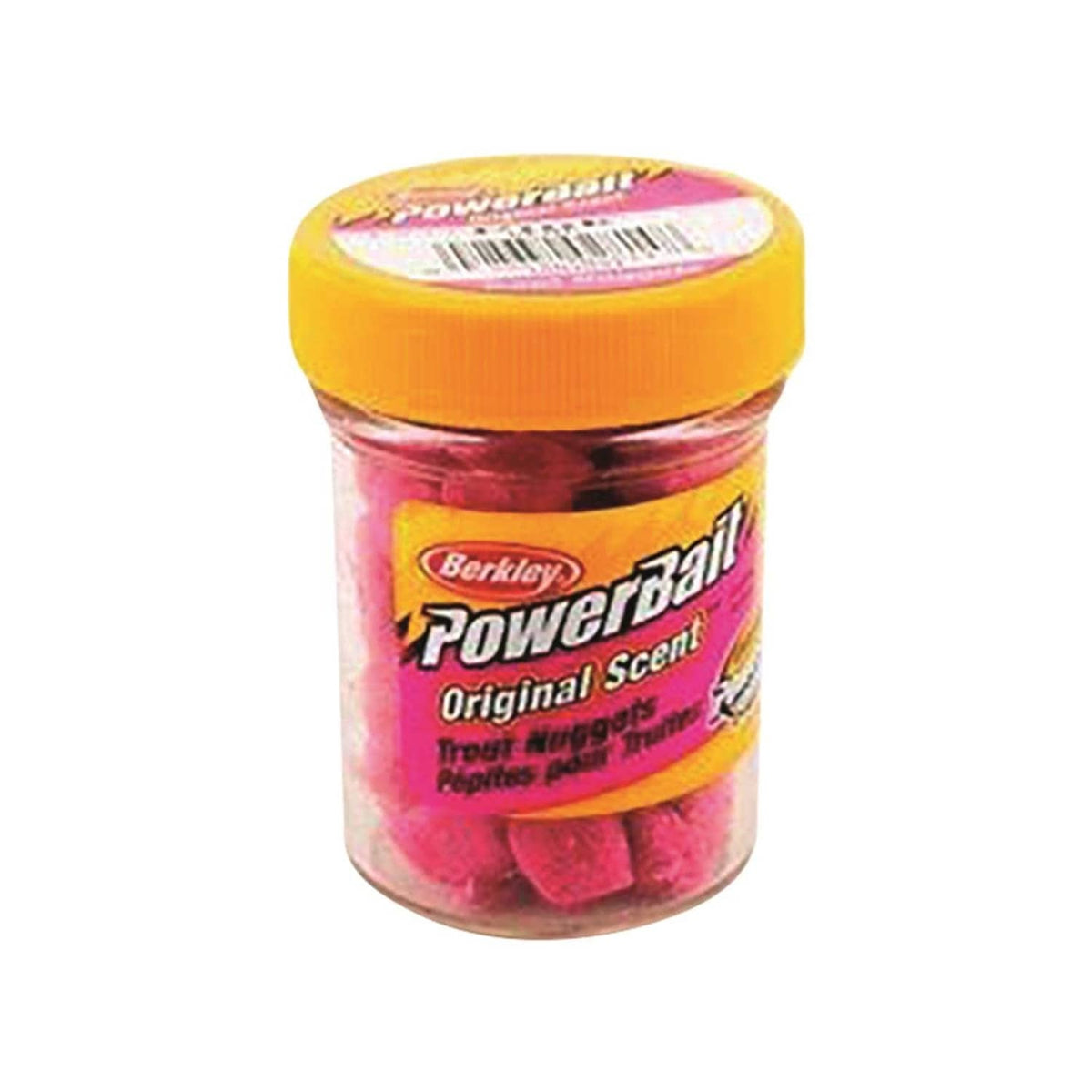 Fishing bait jar with orange lid and pink trout nugget bait inside