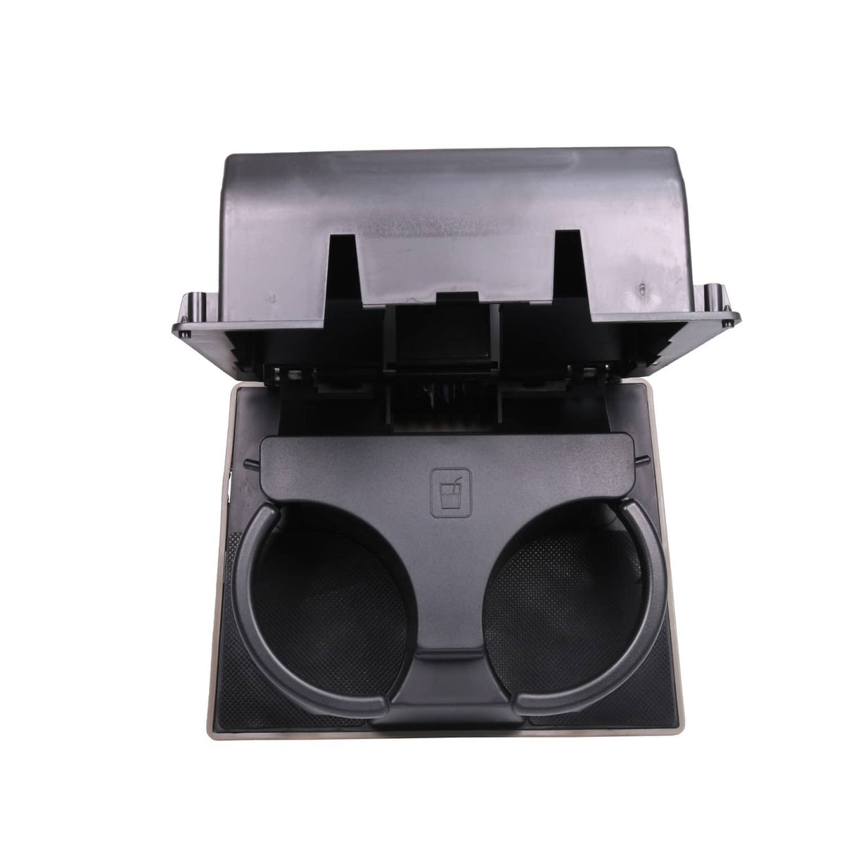 Dashboard cup holder with two round cup openings, stone gray lid and center divider