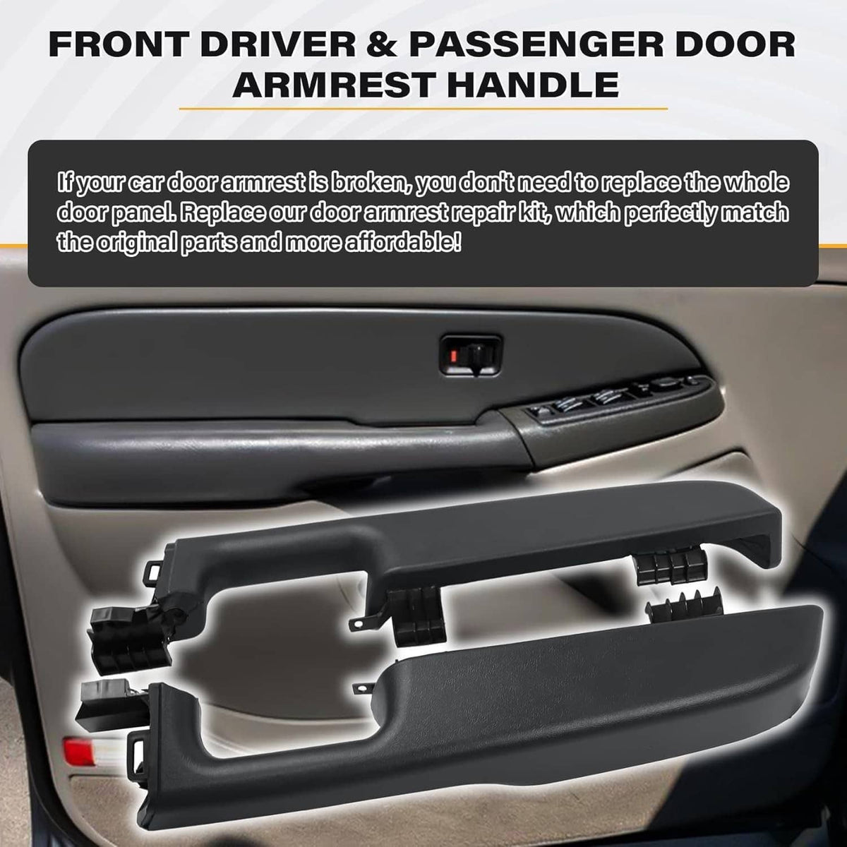 Front door armrest handle set with switch panel cutout and attachment clips, shown exploded