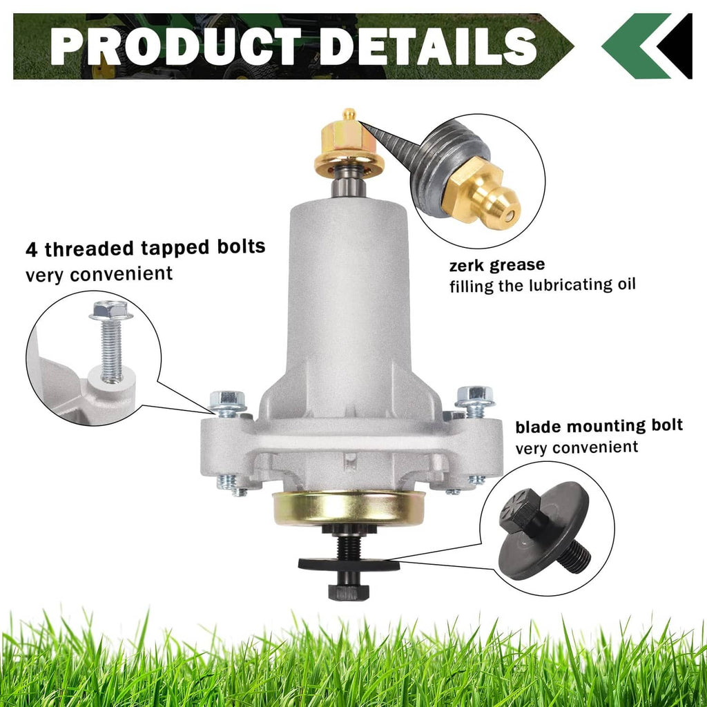Lawn mower spindle details with grease fitting, bolts, and blade mounting bolt