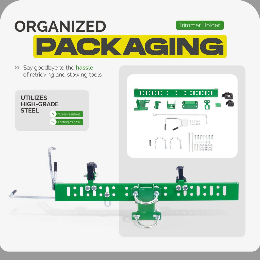 Green trimmer holder rack with included parts and U-bolt mounting