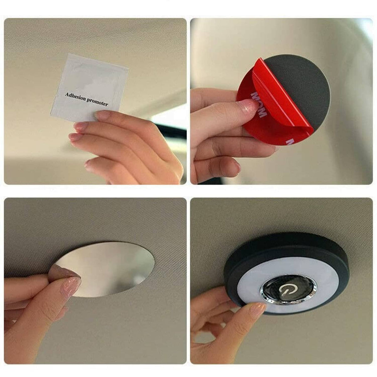 Hands installing a round LED car ceiling light under the car headliner