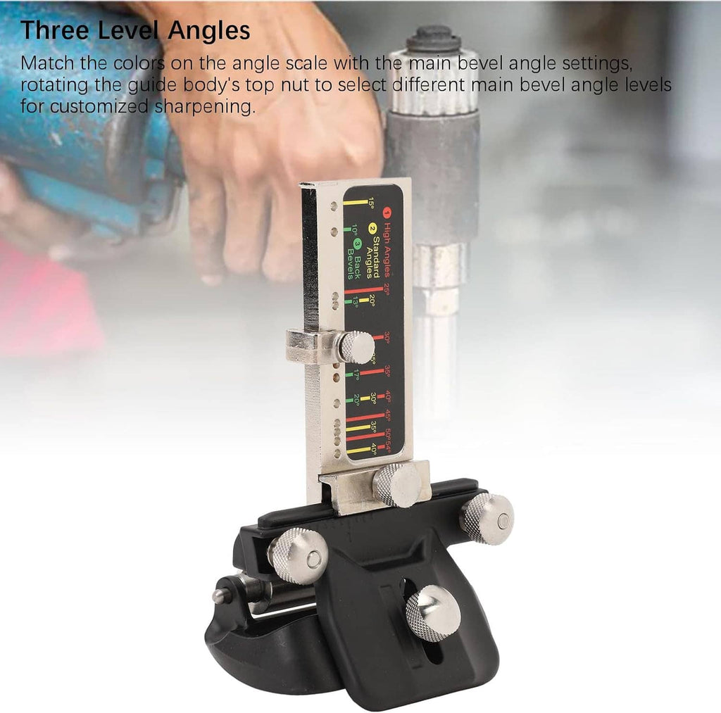 Three-level angle honing guide with aluminum ruler board and black clamp handles