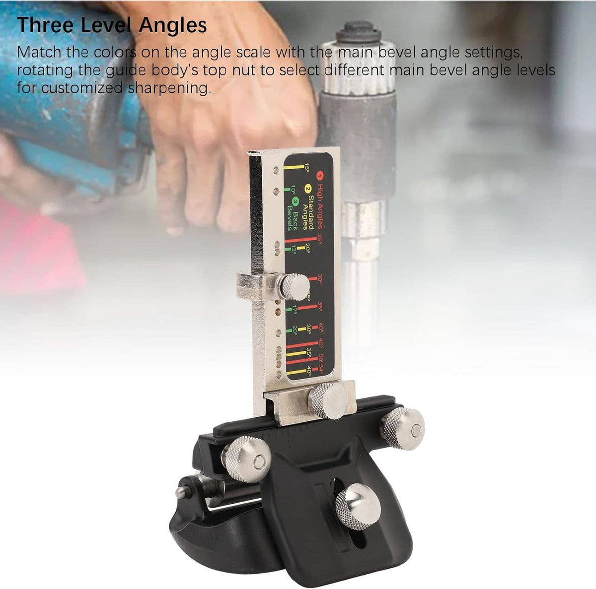 Three-level angle honing guide with aluminum ruler board and black clamp handles