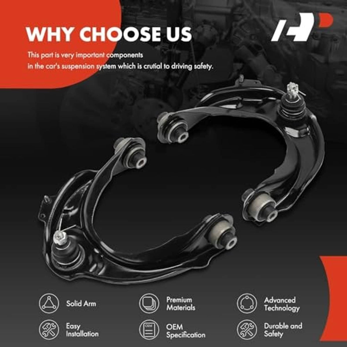 Front upper control arm kit with black arms, ball joints, and rubber bushings