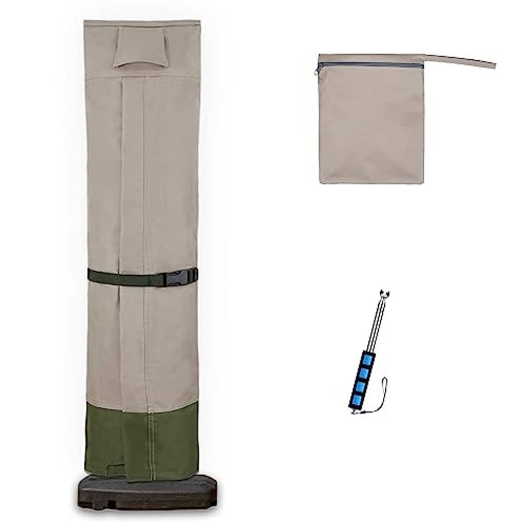 Taupe umbrella cover with green base band, side view, and hanging strap detail