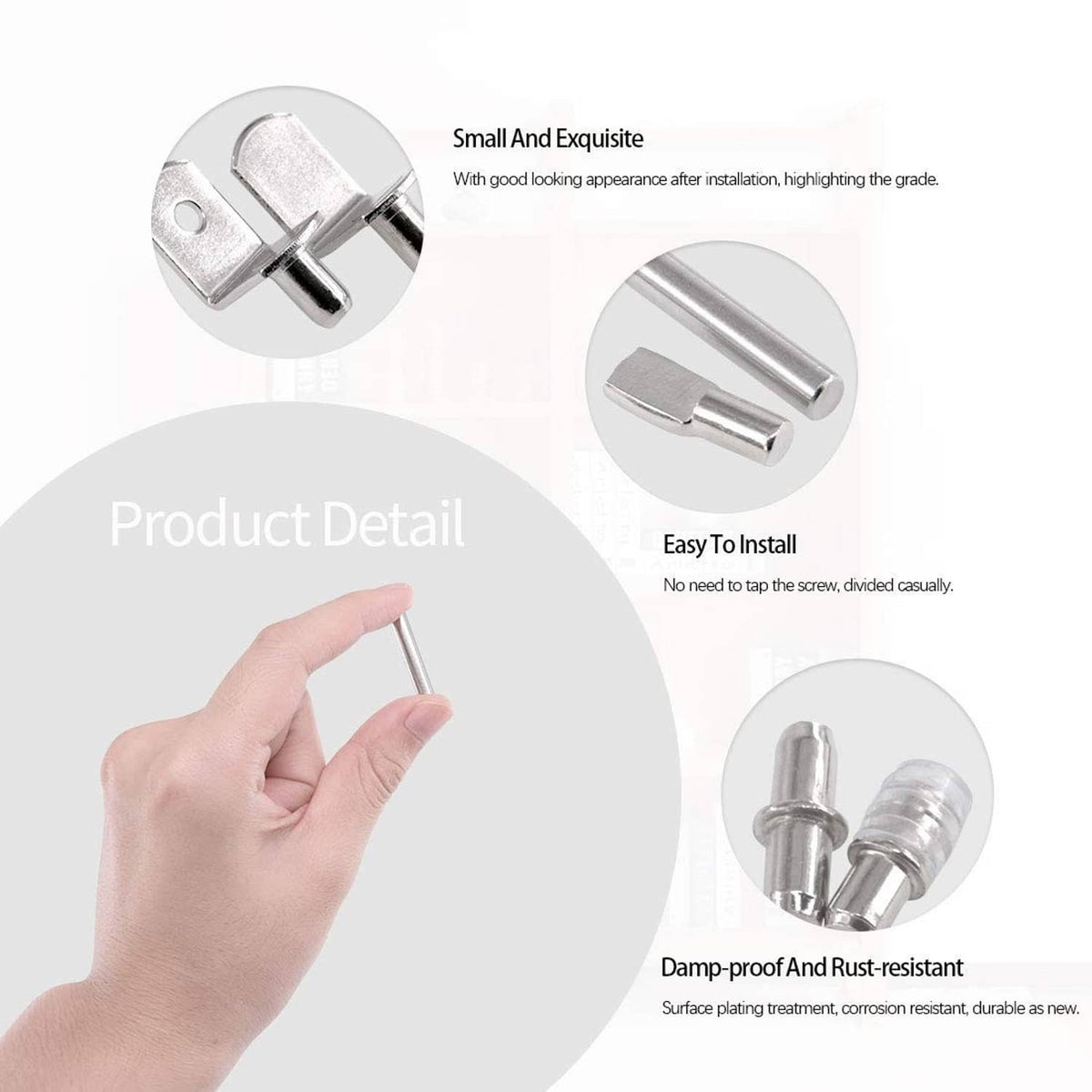 Shelf support pins detail with two metal fasteners and hand installation demonstration