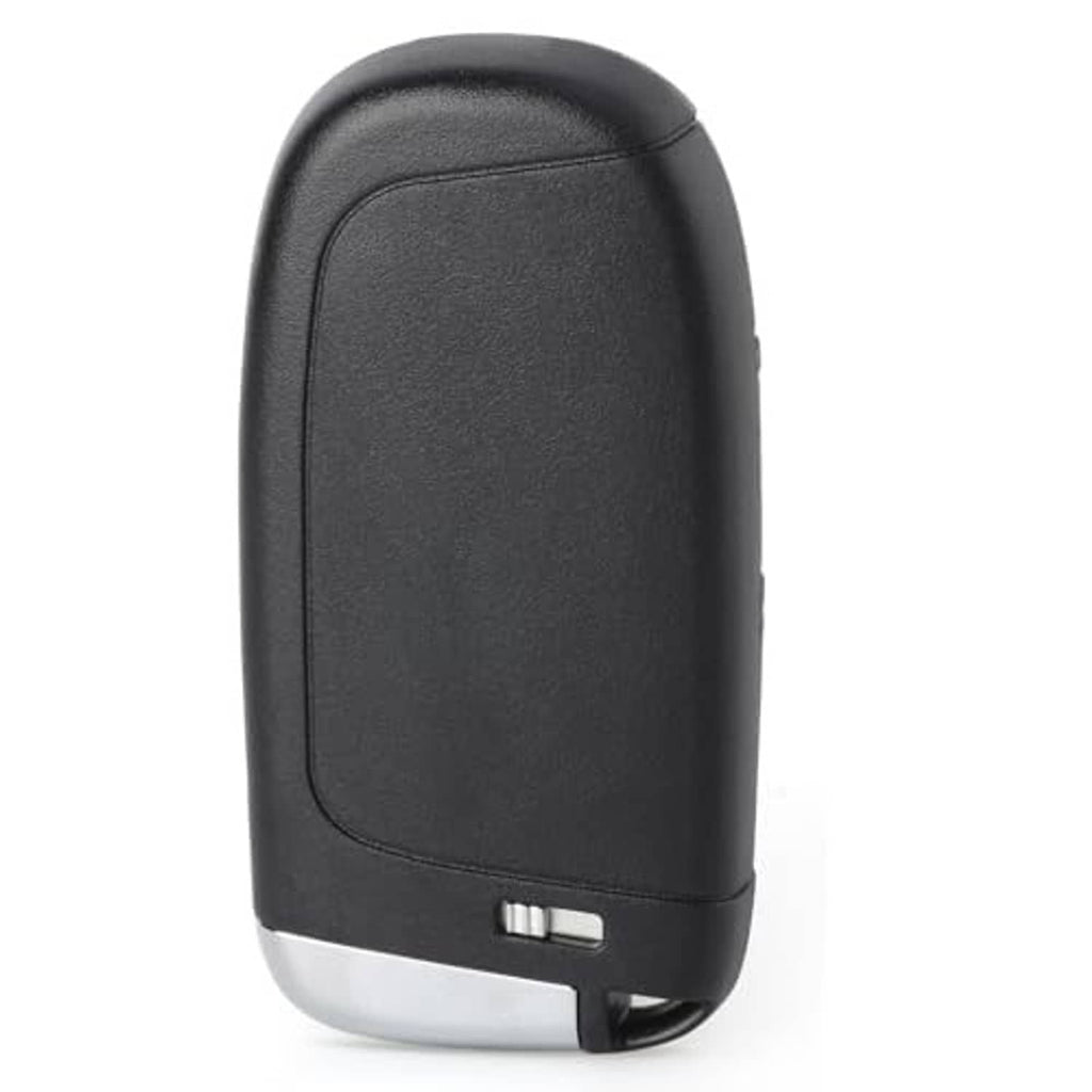 Black car key fob with silver end cap and key-ring notch on the side