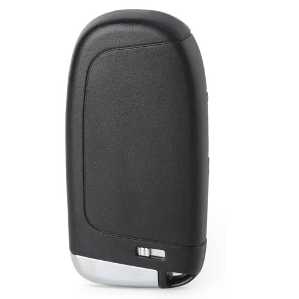 Black car key fob with silver end cap and key-ring notch on the side