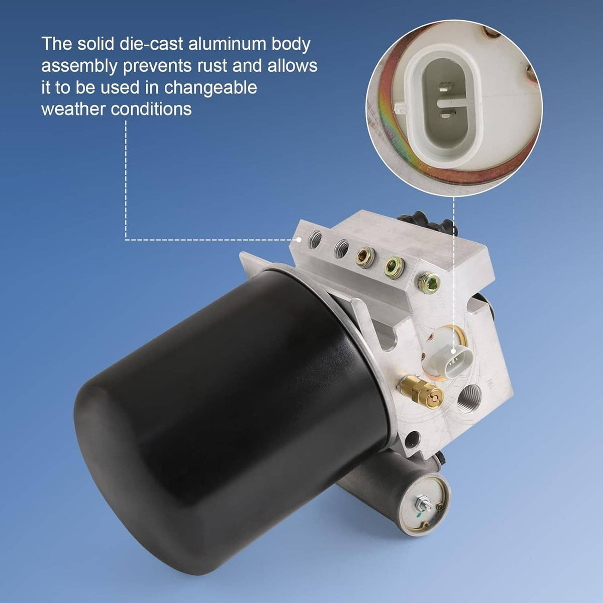12V air dryer with black canister and metal body, showing connector and ports