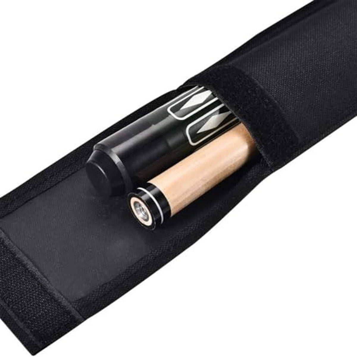 Black cue stick bag holding a cue with visible joint and tip end inside pocket