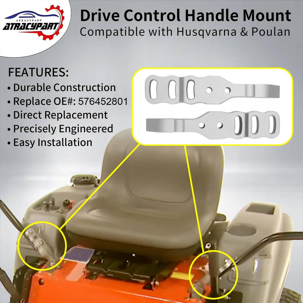Drive control handle mount brackets, silver metal, shown mounted with multiple holes