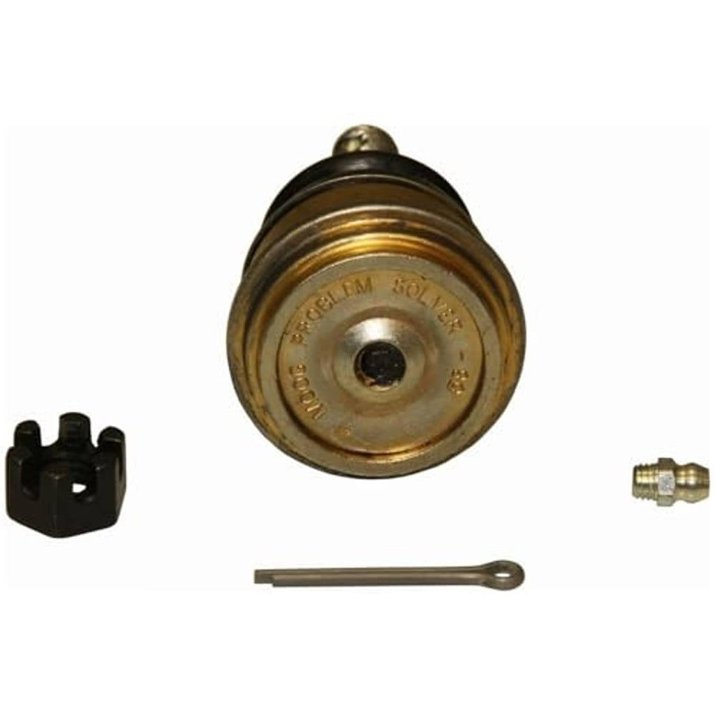 Front upper suspension ball joint with dust boot, top plate markings, and hardware