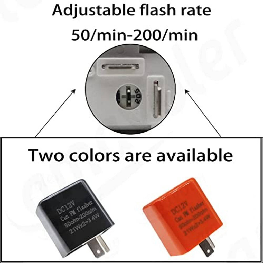 Adjustable flasher relay showing 50/min to 200/min flash rate and two color options