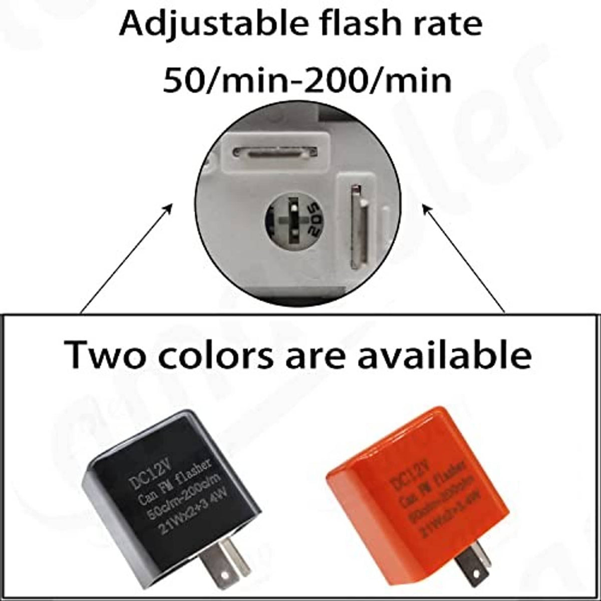 Adjustable flasher relay showing 50/min to 200/min flash rate and two color options