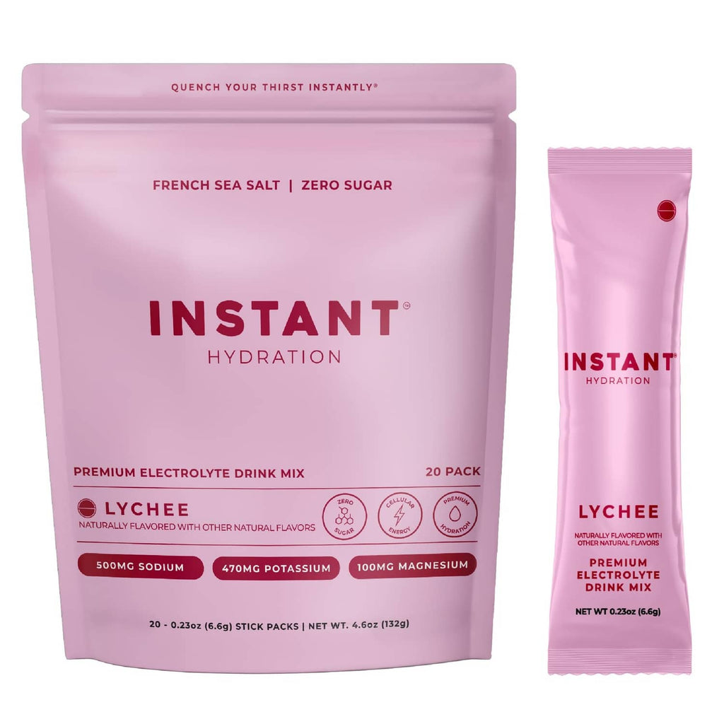 Lychee electrolyte drink mix pouch with sugar-free instant hydration stick pack