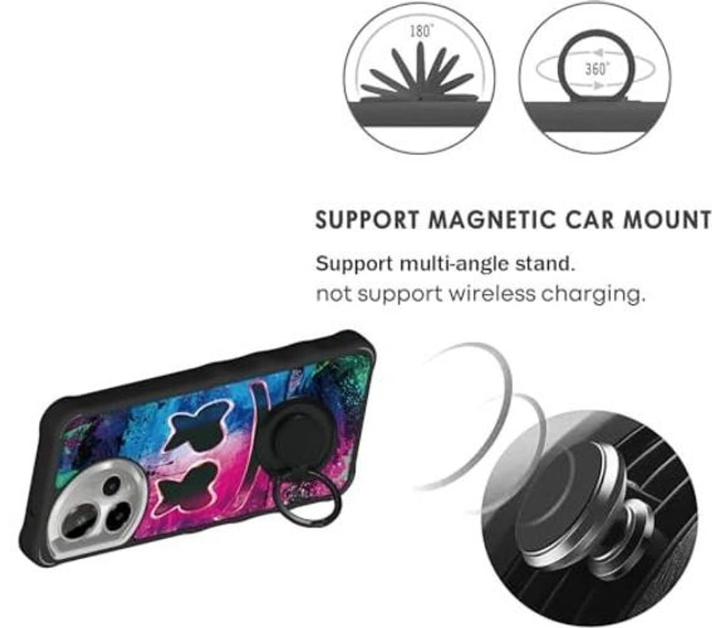 Rugged black case with graffiti artwork and ring holder for magnetic car mount, camera cutouts.
