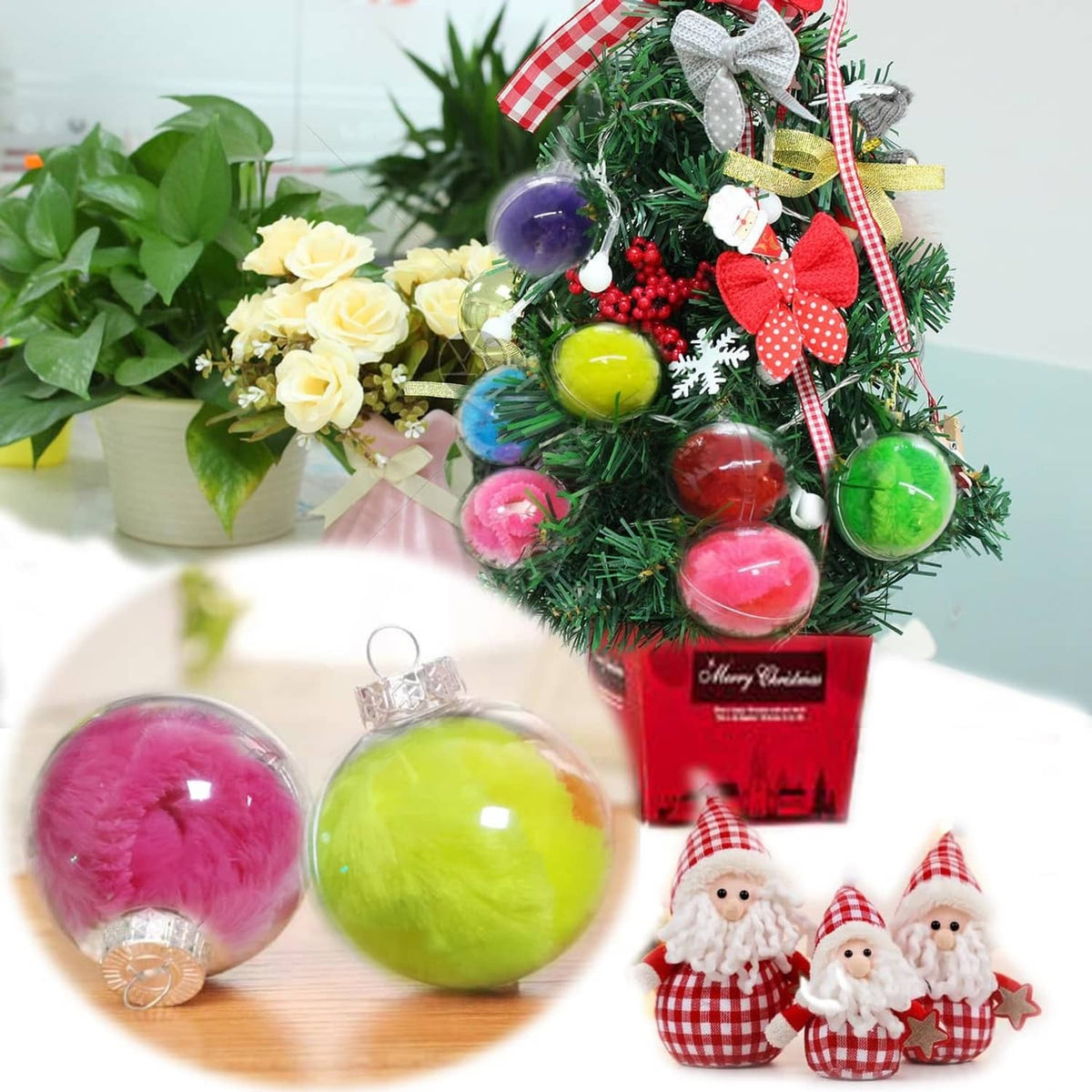 Colorful round ornament balls with glittery tops and hanging loops