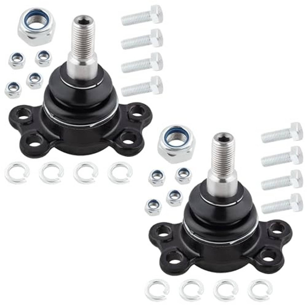 Two black ball joints with mounting plates and threaded stems, with hardware