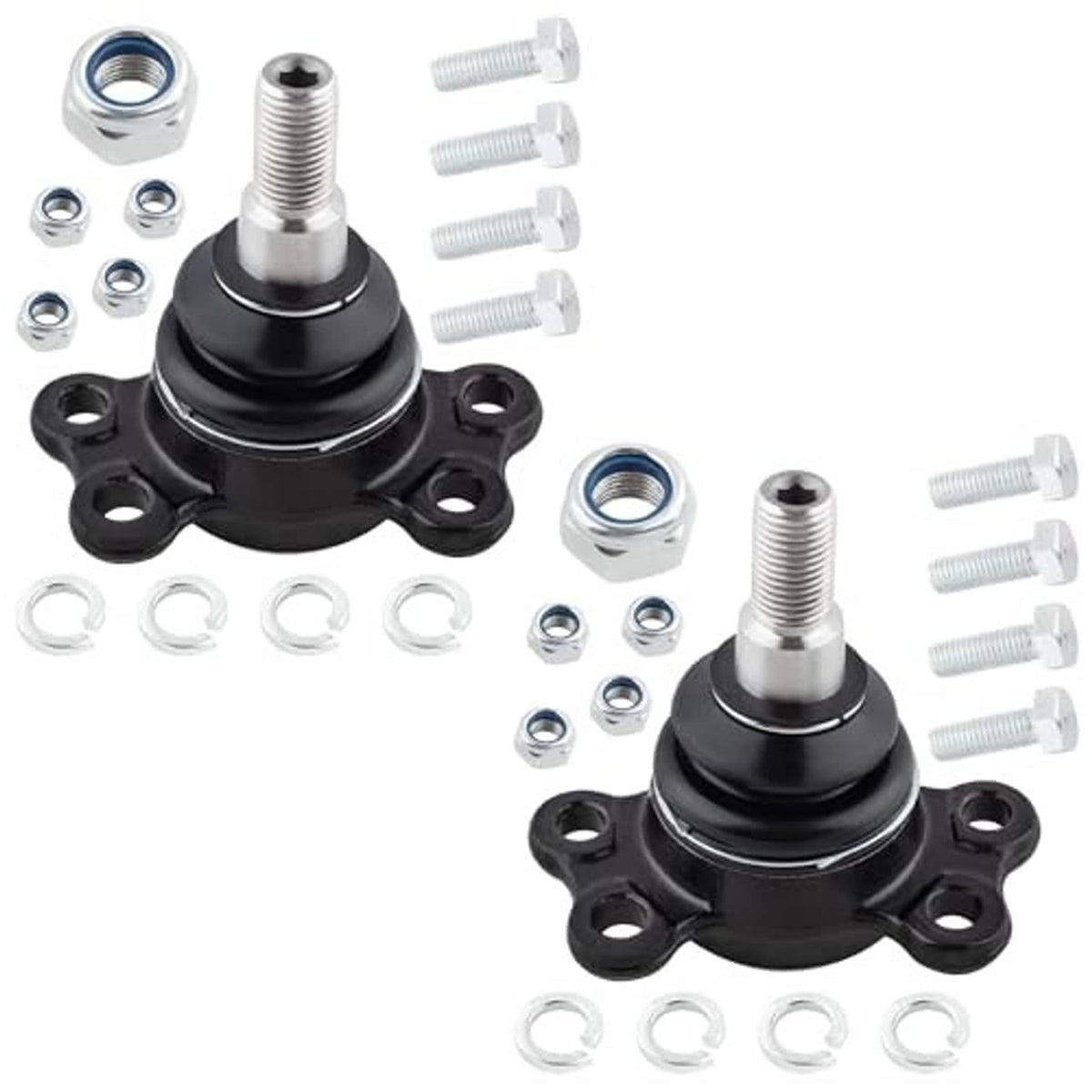 Two black ball joints with mounting plates and threaded stems, with hardware