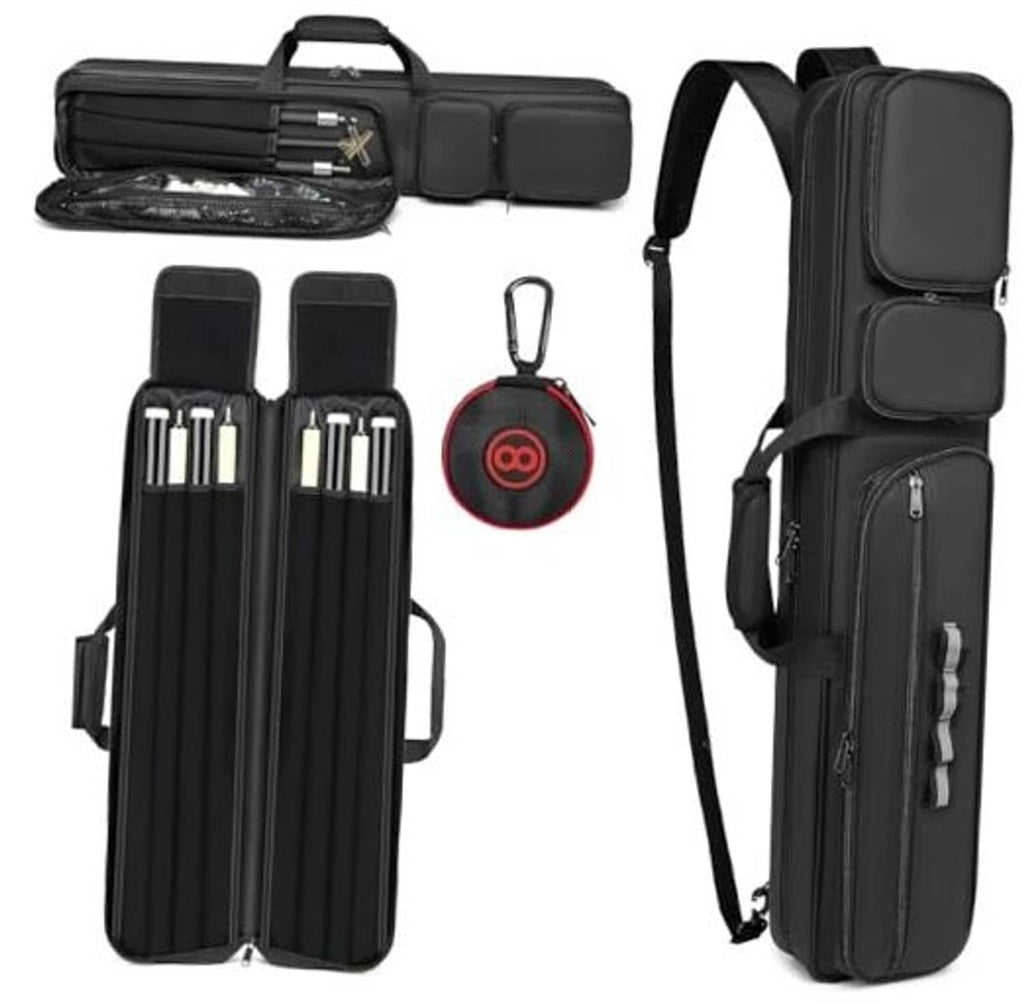 Black 4x4 pool cue case with hidden backpack straps, zip pockets and cue holder