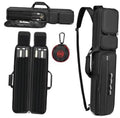 Black 4x4 pool cue case with hidden backpack straps, zip pockets and cue holder