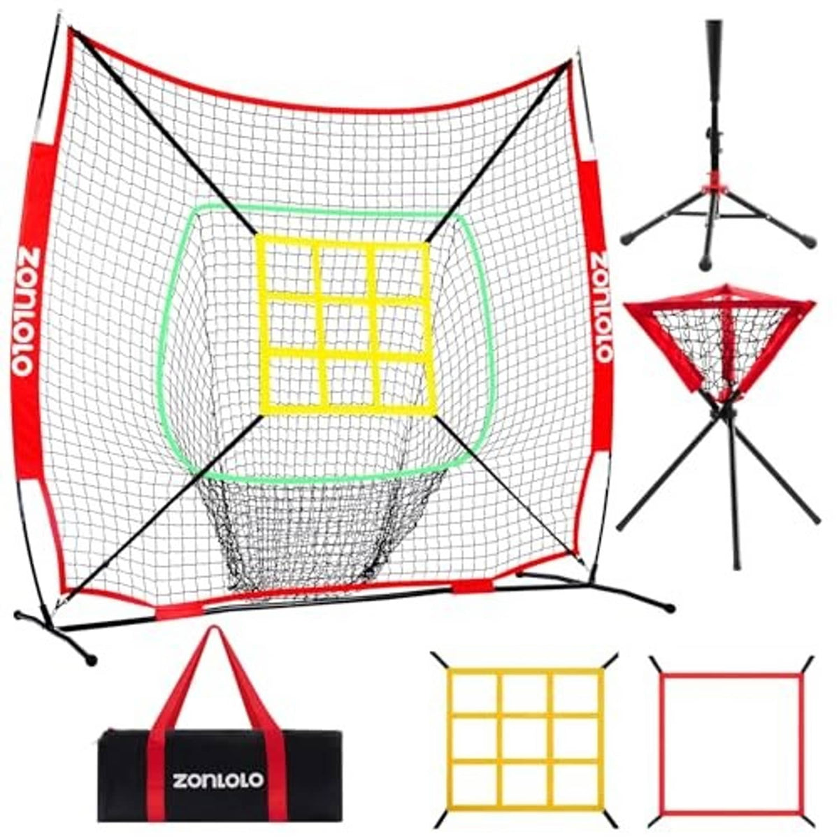 Portable baseball/softball net with red frame and white mesh plus yellow strike-zone grid