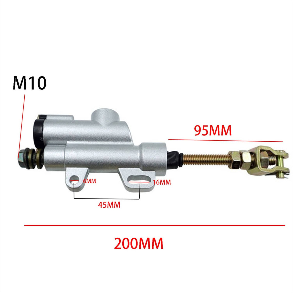 Rear brake master cylinder with reservoir cap, threaded rod, and mounting hardware, silver