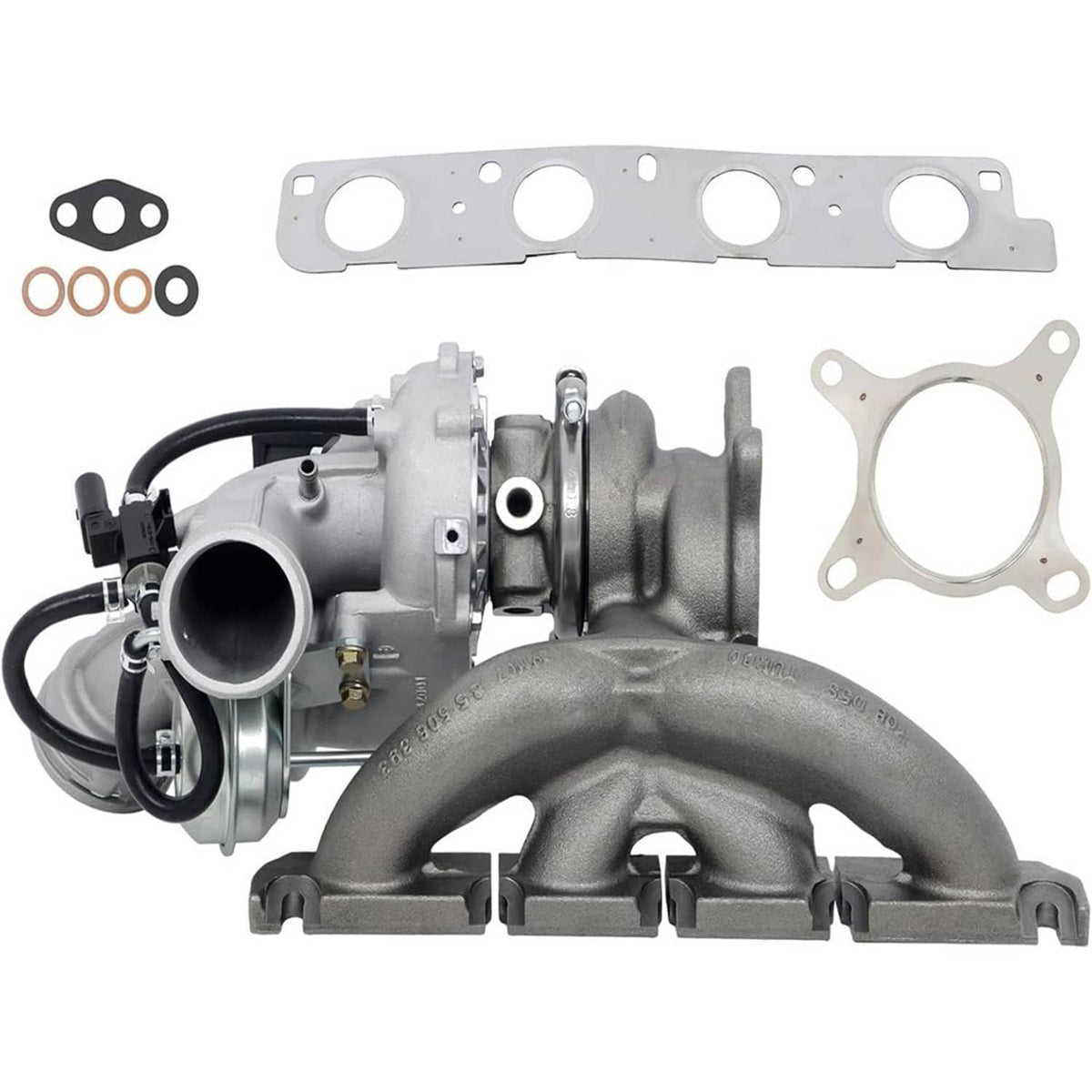 Turbocharger kit with turbo assembly, gasket sheet, and seal hardware set