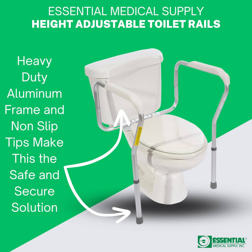 Toilet safety rail with curved frame and padded armrests, white