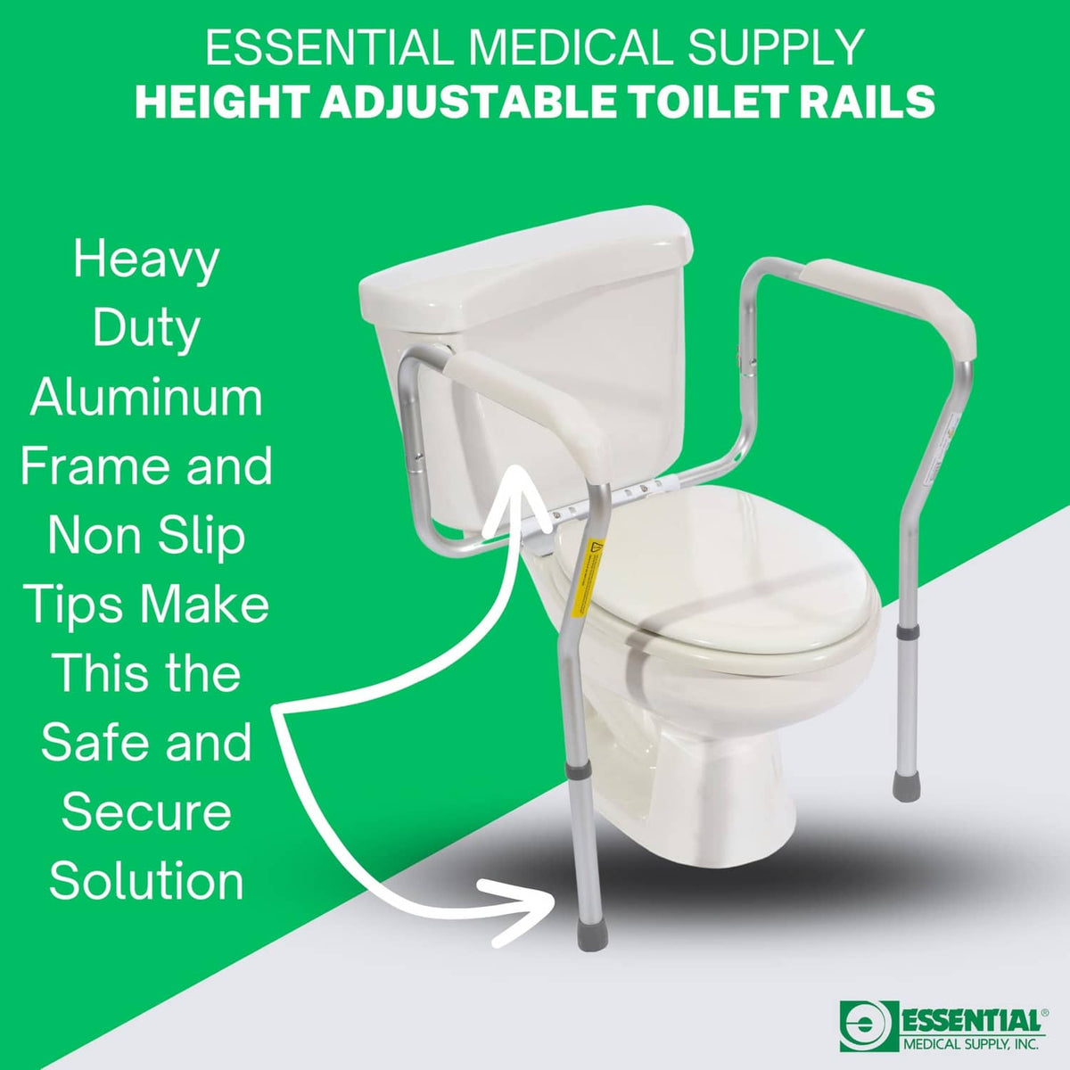Toilet safety rail with curved frame and padded armrests, white