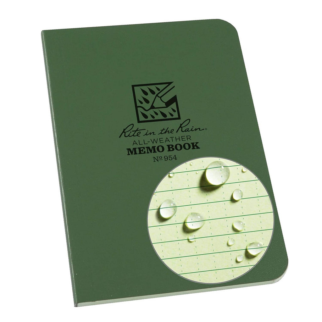 Weatherproof pocket notebook, dark green soft cover with Rite in the Rain logo and water emblem