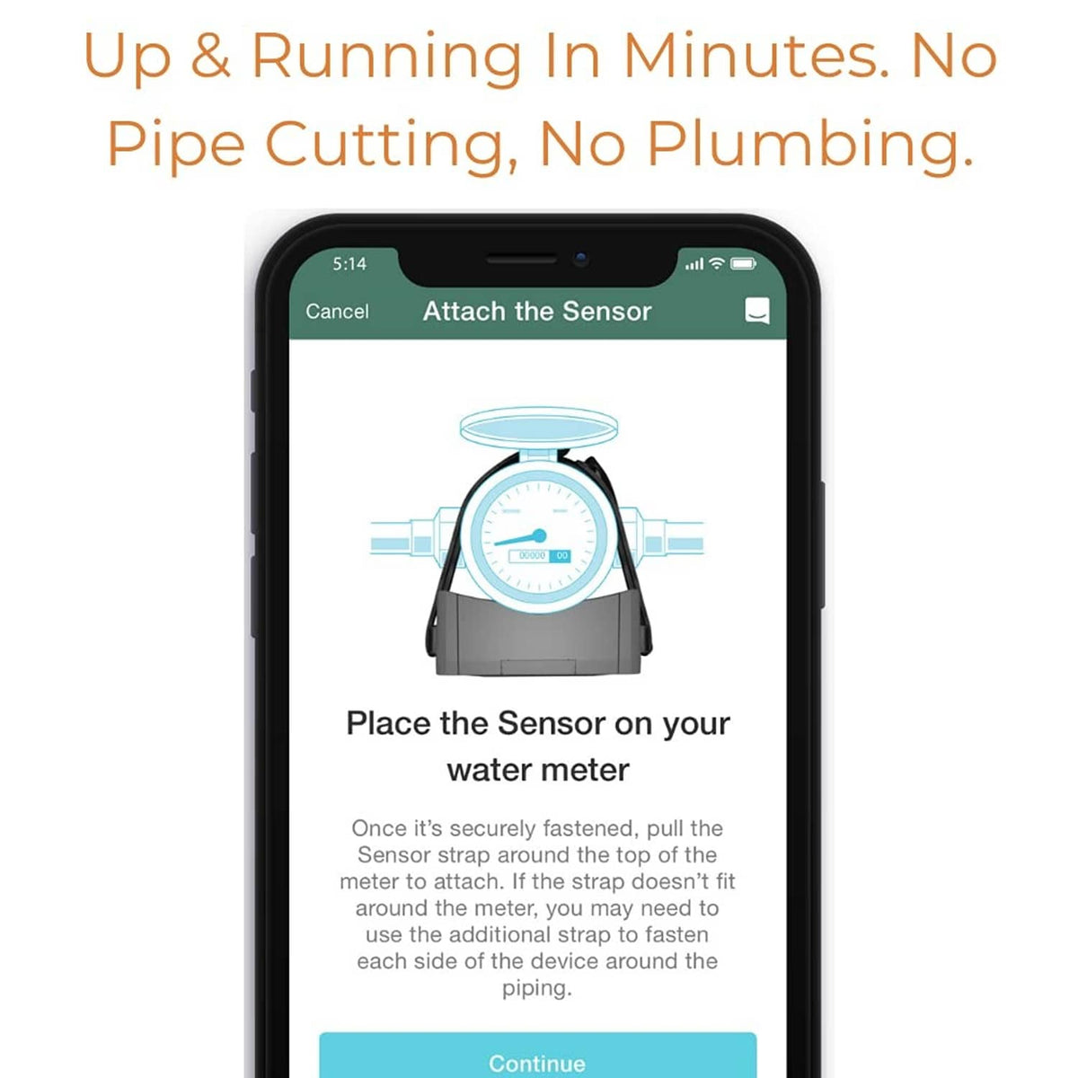 Phone app guide for installing a water meter sensor with attach-the-sensor screen