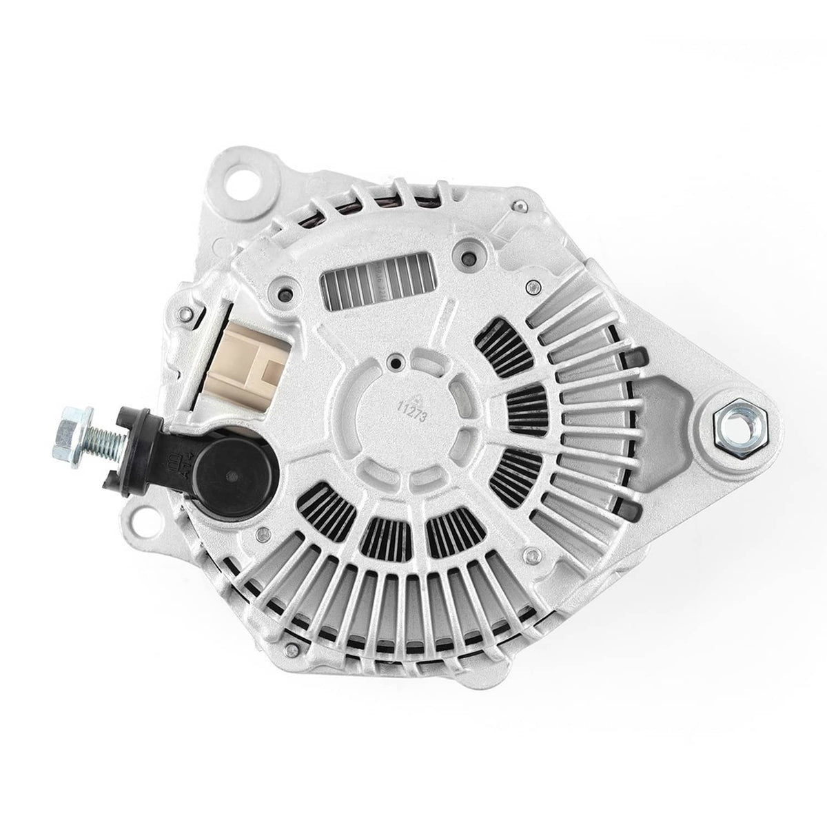 Alternator with vented housing, connector plug, and mounting bolts; copper windings