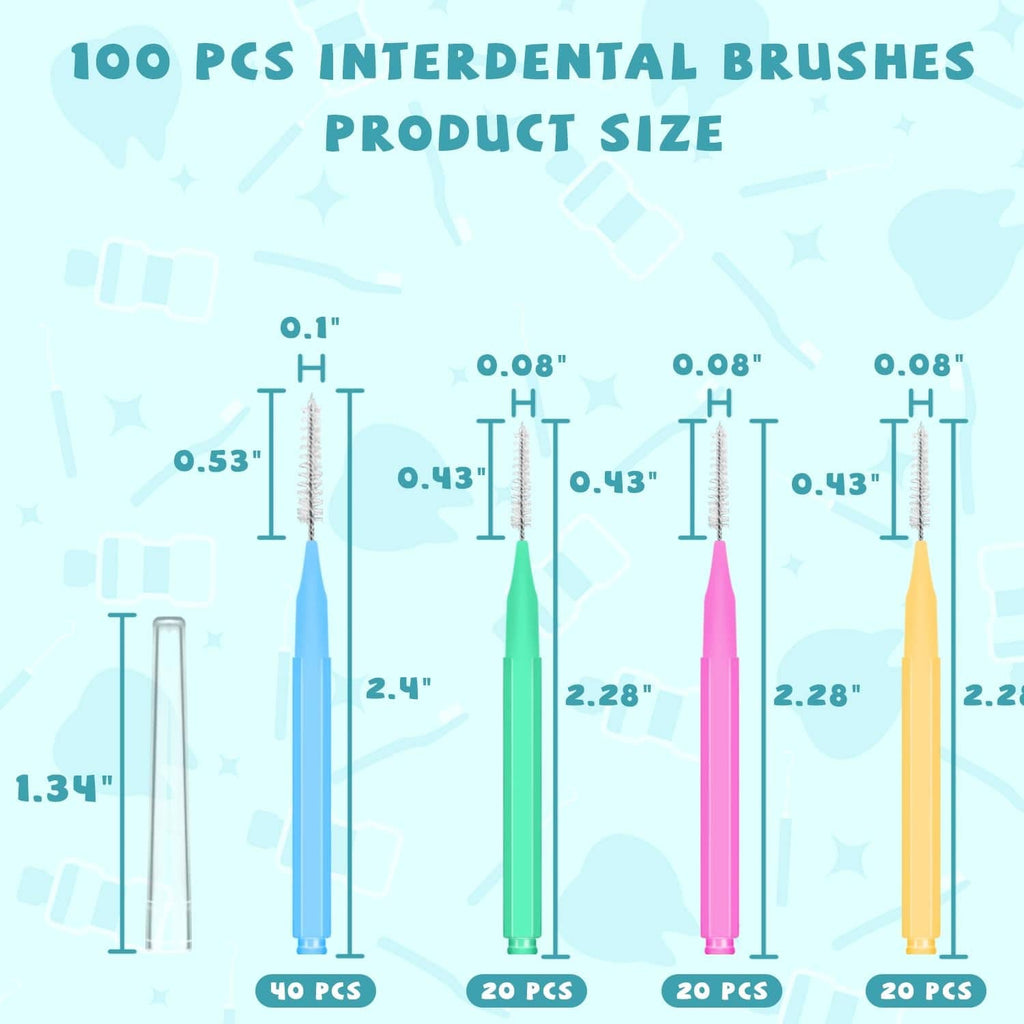 Interdental brush set with size guides in multiple colors