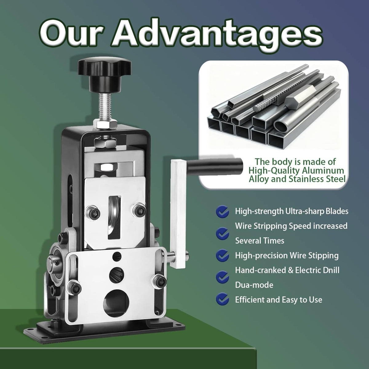 Wire stripping machine with visible internal blades and included replacement blade tray