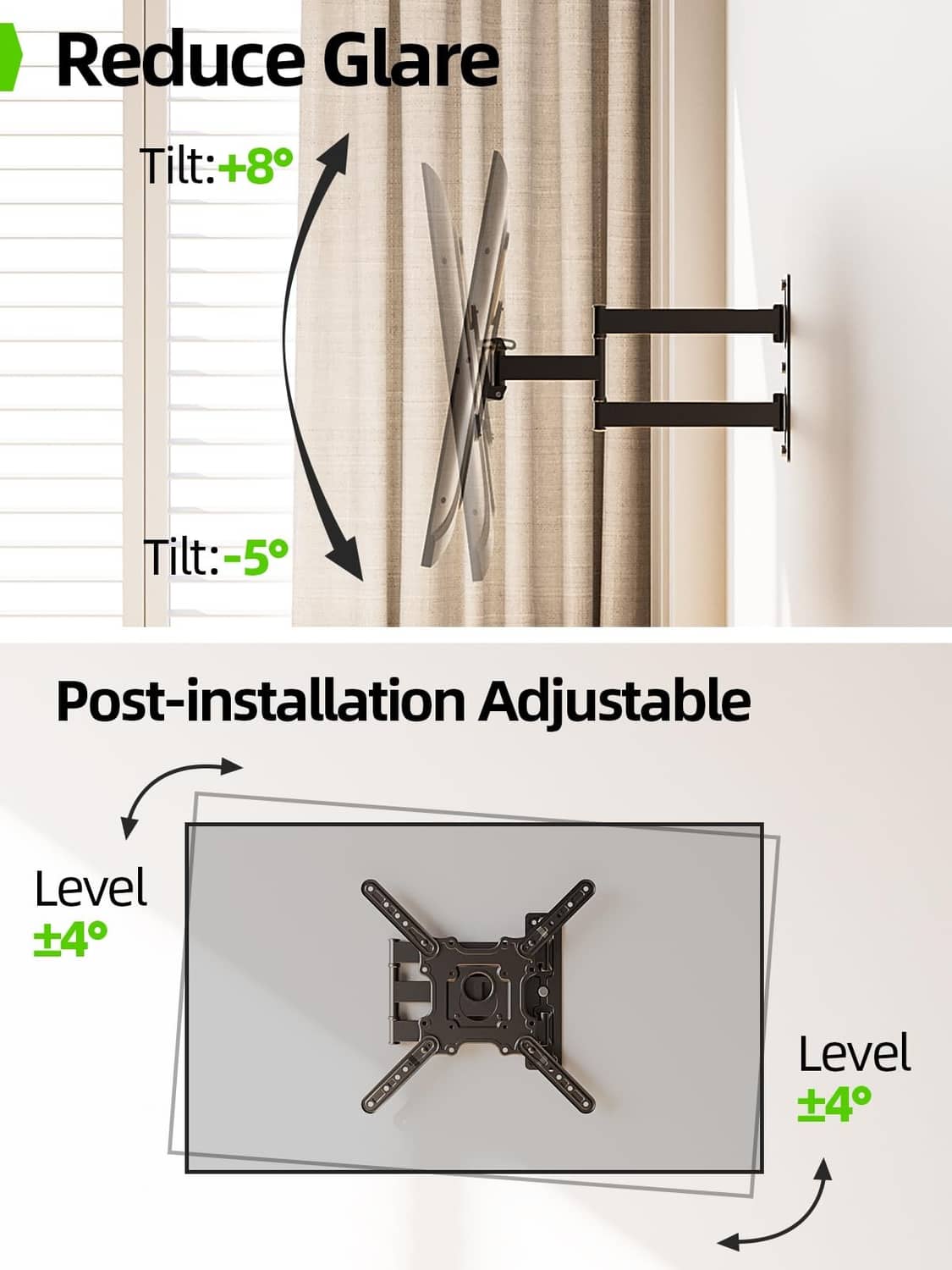 Tilt-adjustable black TV wall mount bracket with hinge arms
