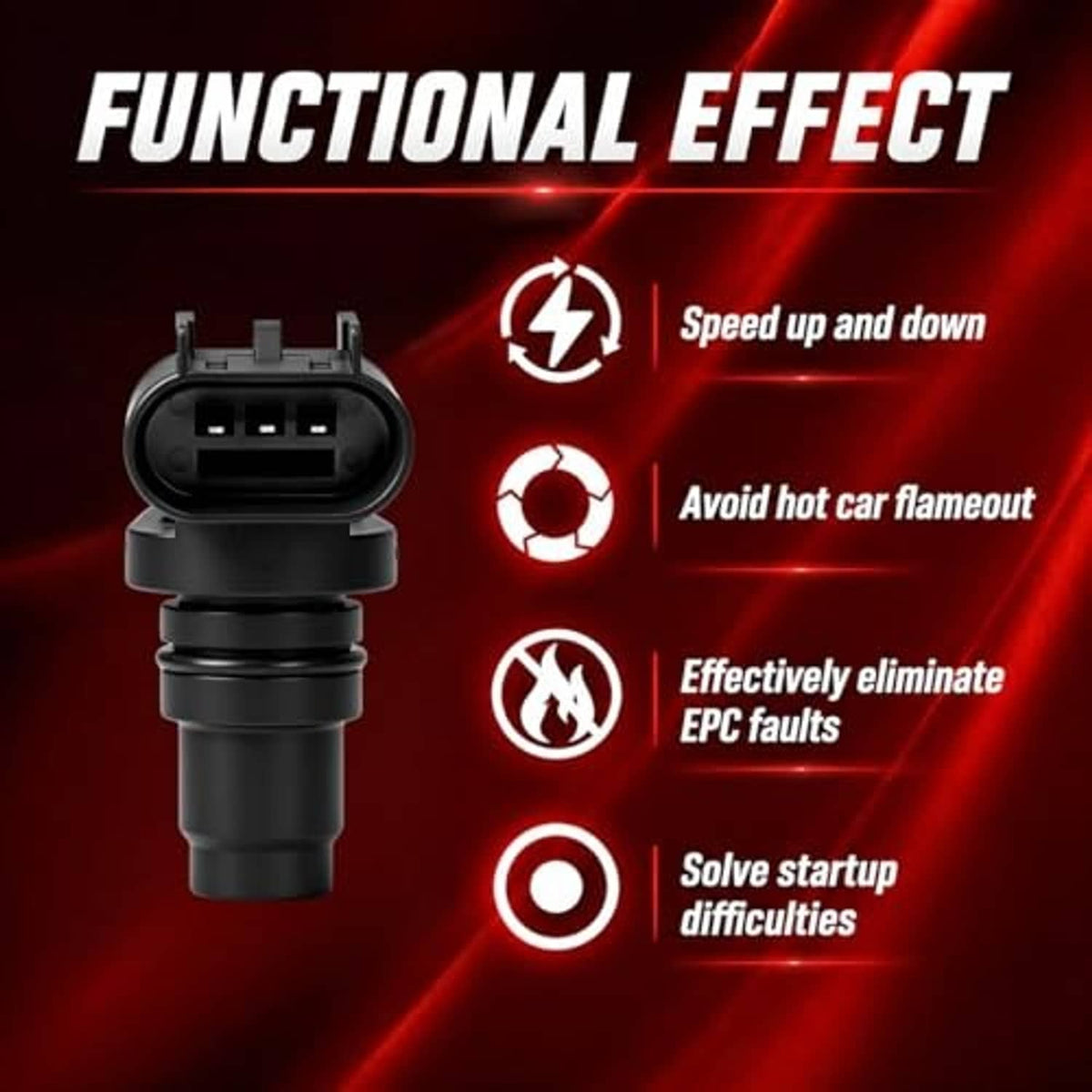Black camshaft position sensor with electrical connector and cylindrical body