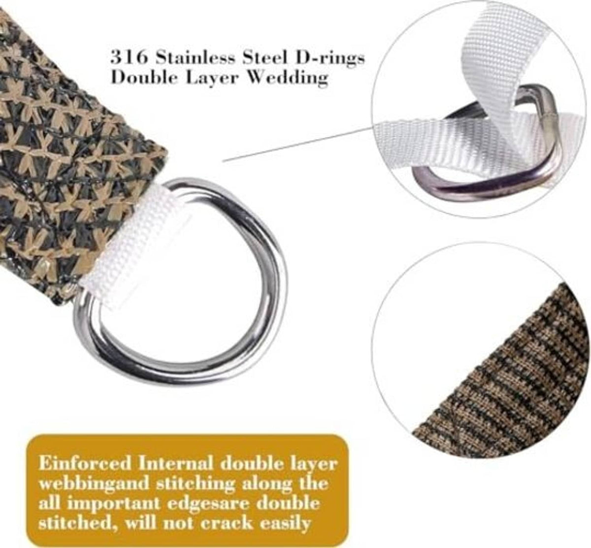 Brown sun shade sail canopy detail: stainless D-ring and reinforced double webbing