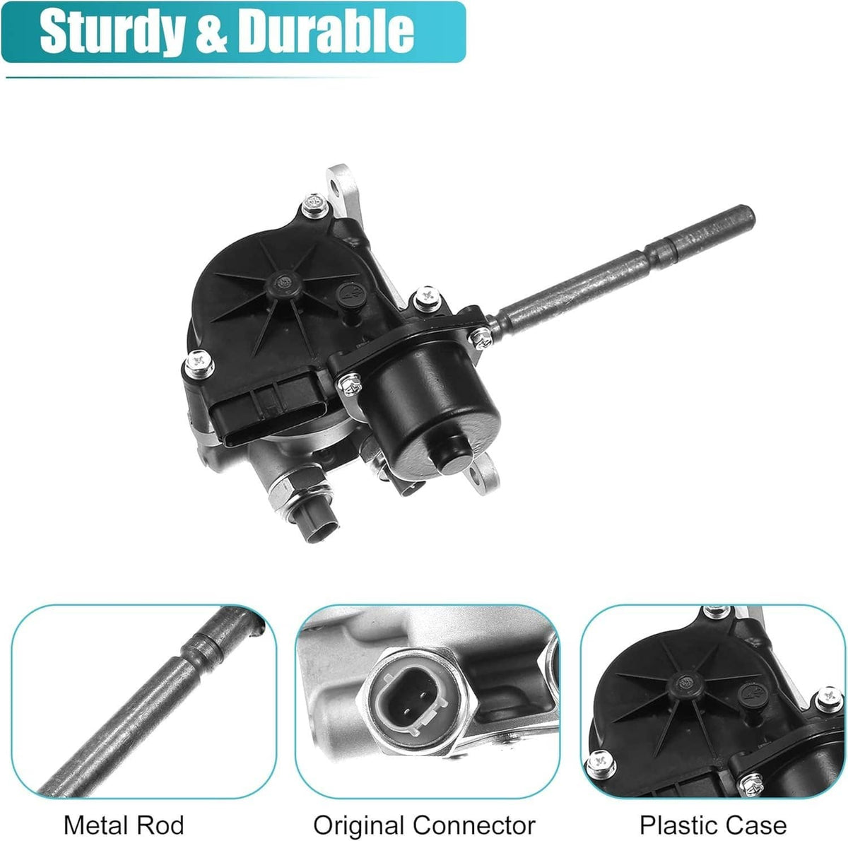 Transfer case actuator motor with metal rod, original-style connector, black plastic case