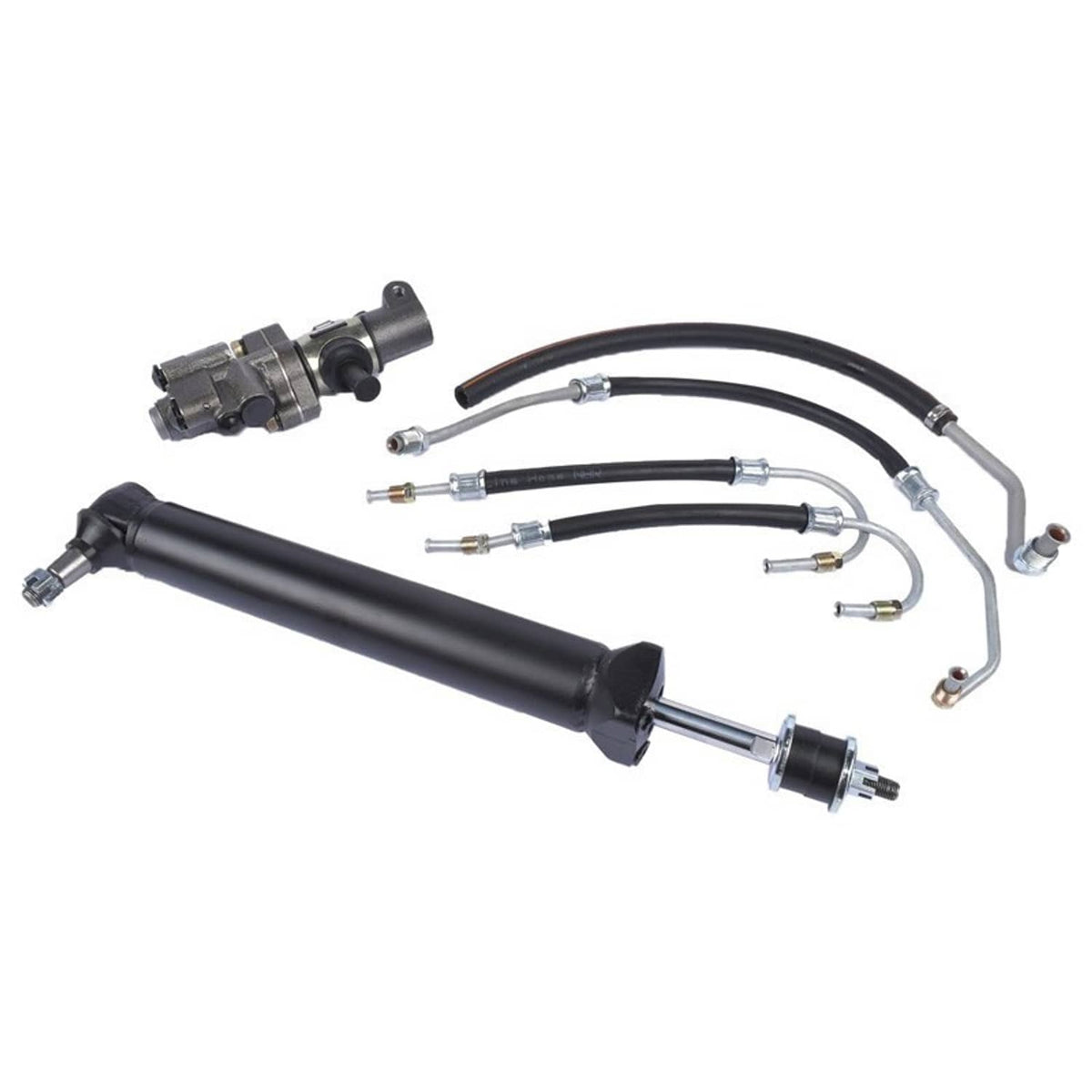 Power steering ram hose kit with black cylinder and connected black hoses