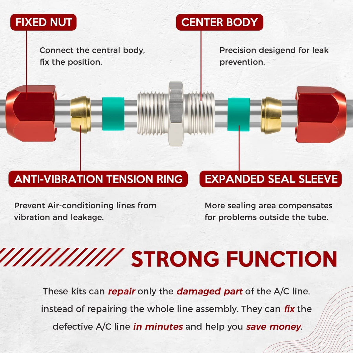 A/C repair splice connector with red fittings, teal seals, brass sleeves, threaded center