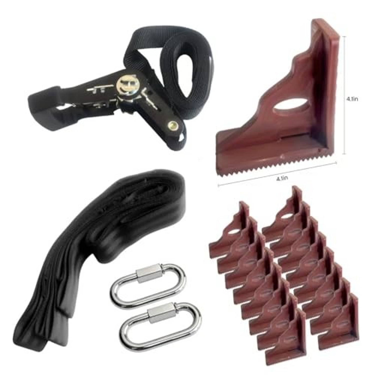 Tree step mounting kit: brown brackets, black strap with hardware, carabiners
