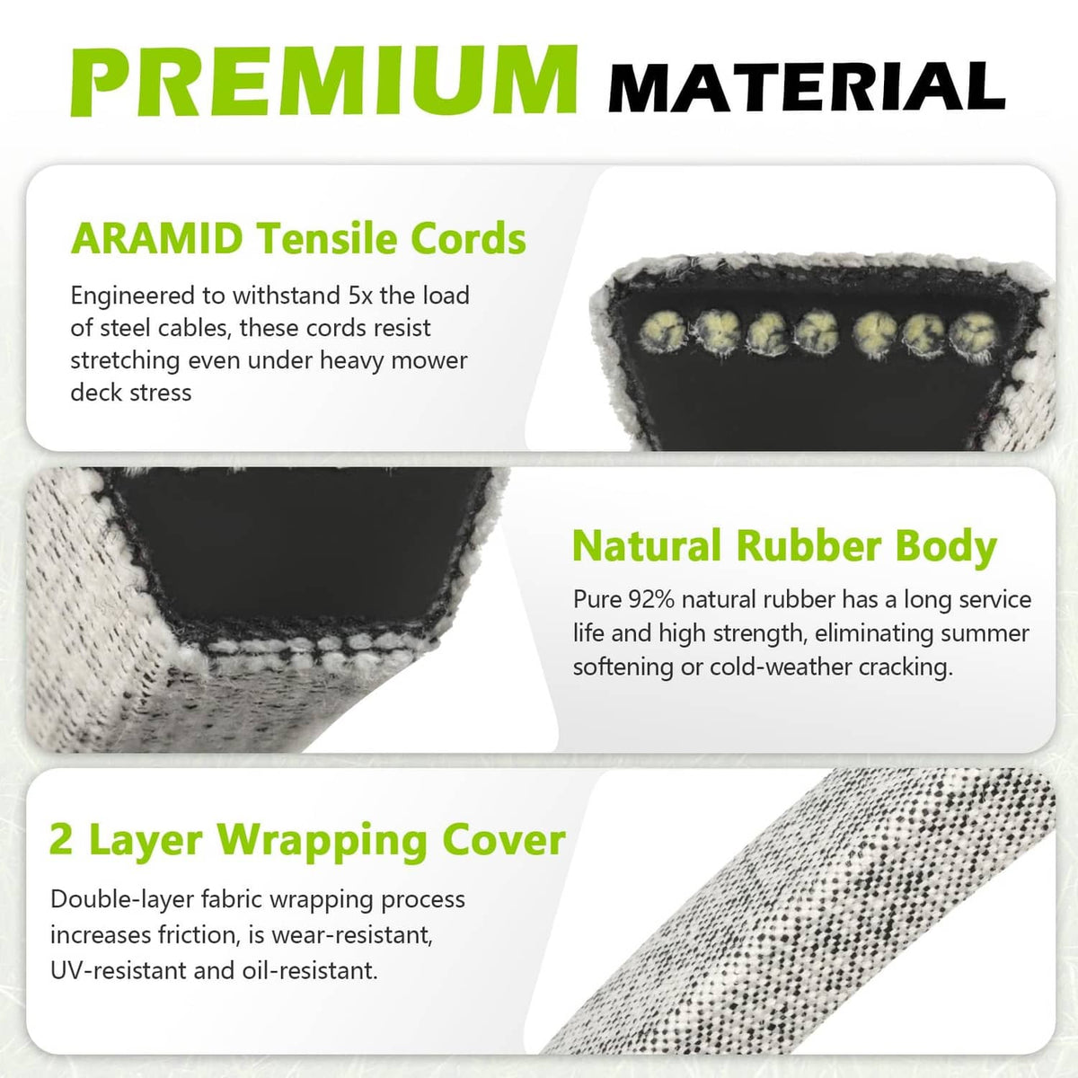 Mower deck belt with premium material graphic: natural rubber body and aramid cords