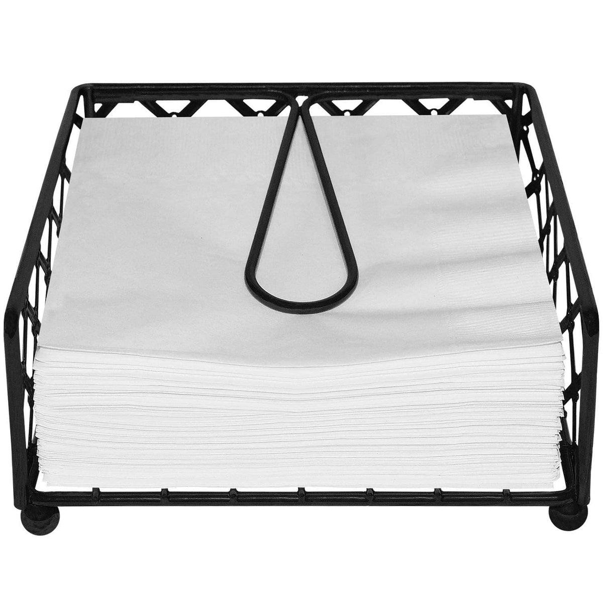 Black wire napkin holder holding stacked white napkins with curved top handle.