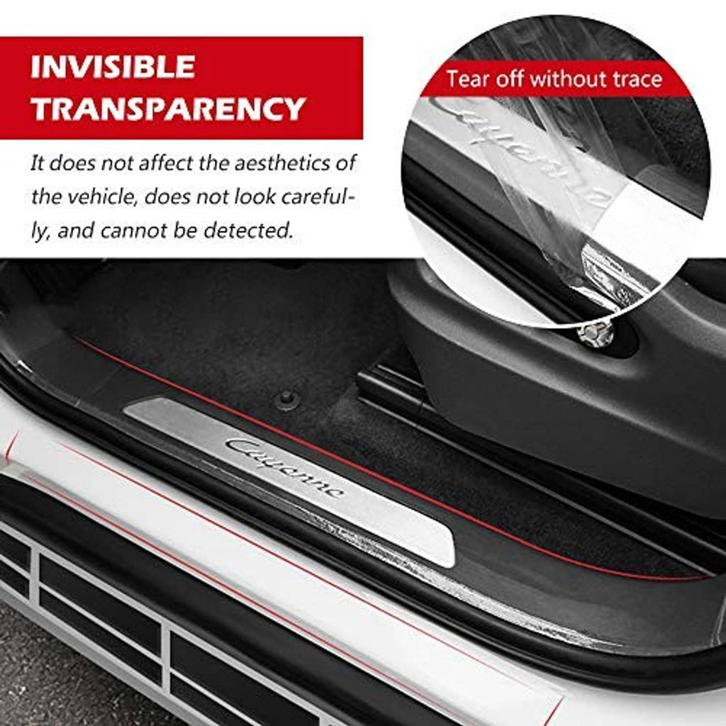Invisible clear door edge protector strip along the car sill in close-up