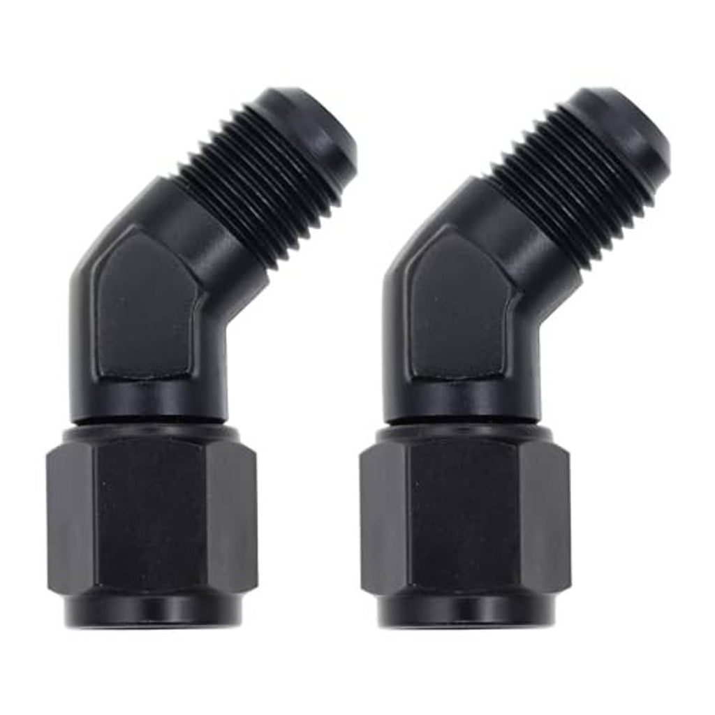 Pair of black 45-degree swivel flare AN fittings with threaded ends