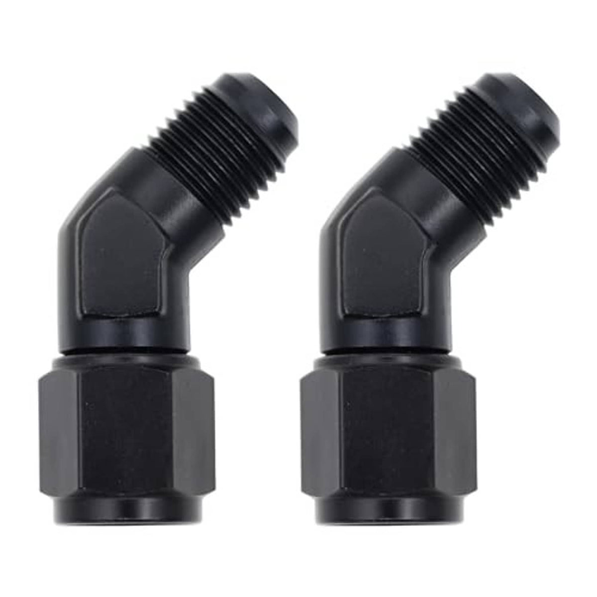 Pair of black 45-degree swivel flare AN fittings with threaded ends