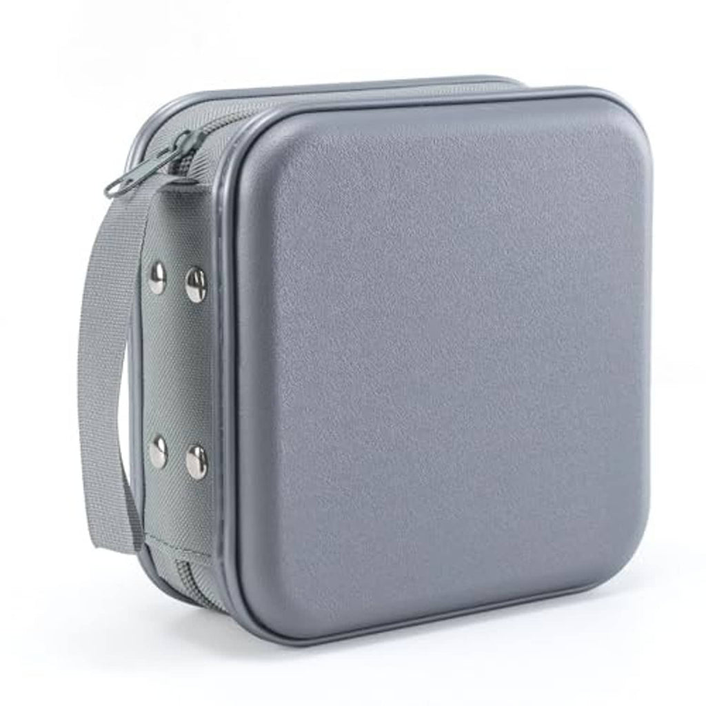 Gray hard plastic DVD storage case, rounded zip shell with side handle strap