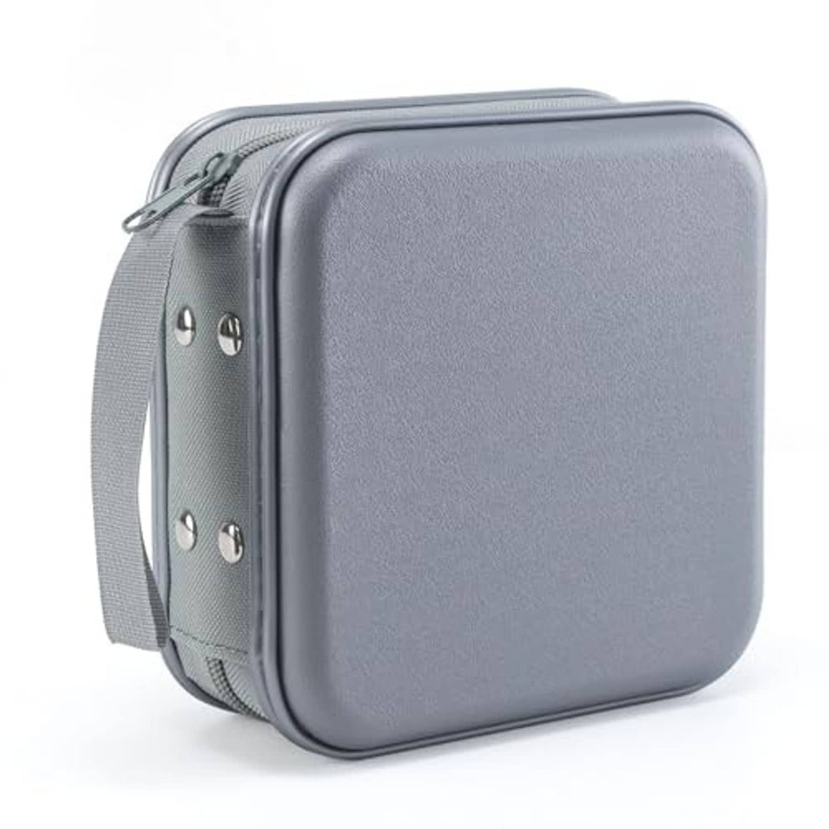 Gray hard plastic DVD storage case, rounded zip shell with side handle strap